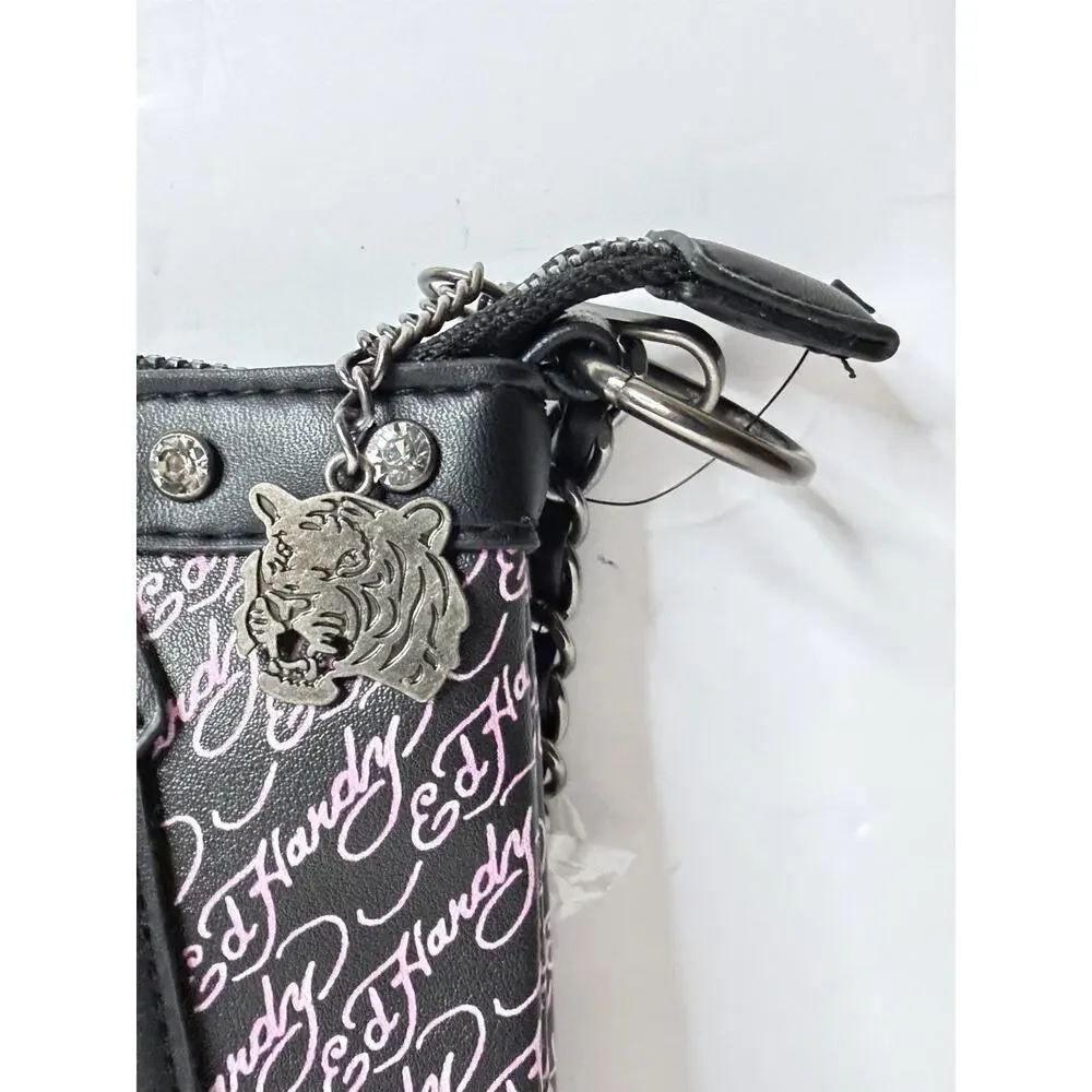 Ed Hardy Shoulder Bag Black Pink Skull Flames Tattoo & Rhinestons0